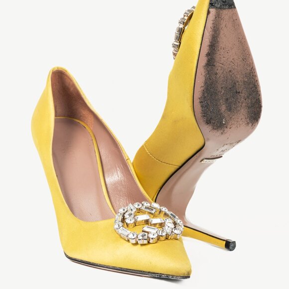 Gucci Yellow Raso Seta Crystal-GG Pointed-Toe Pumps - Picture 4 of 10